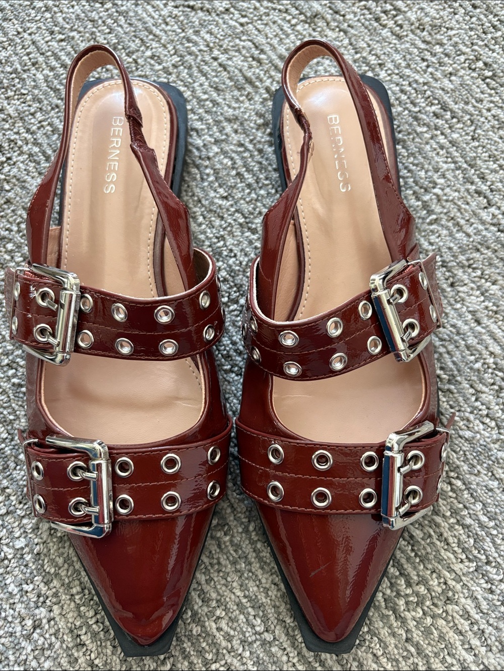 Berness Burgundy Patent Pointed Slingback Flats with Buckle Straps